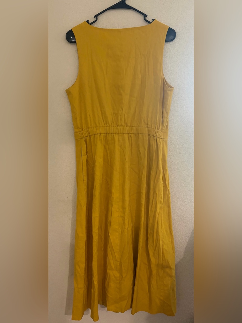 Linen Blend Mustard Yellow Button-Front Midi Dress - Picture 3 of 7